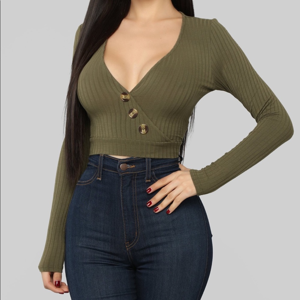 olive green button crop top